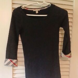 Burberry Black Long Sleeve Tee with Plaid Accents